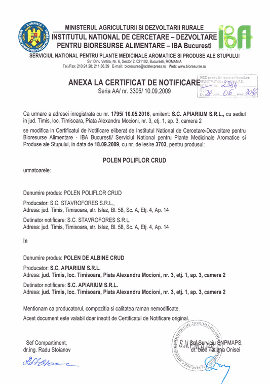 Imagine a document oficial emis de Institutul Național de Cercetare-Dezvoltare pentru Bioresurse Alimentare (IBA București), care confirmă notificarea și înregistrarea produsului „Polen Poliflor Crud / Polen de Albine Crud” pentru producătorul Apiarium. Documentul conține antetul instituției, detalii despre producător, adrese, mențiuni privind compoziția neschimbată și semnăturile autorităților.