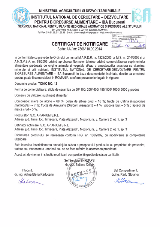 Certificat oficial de notificare pentru Tonic No. 12 Apiarium, emis de Institutul Național de Cercetare-Dezvoltare pentru Bioresurse Alimentare (IBA București), cu detalii despre compoziție, forma de comercializare și aprobarea produsului ca supliment alimentar.
